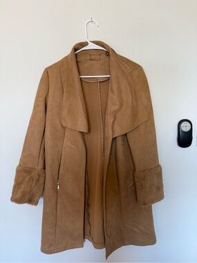 T Tahari Tan Faux Suede Trench Coat with Faux Fur Cuffs